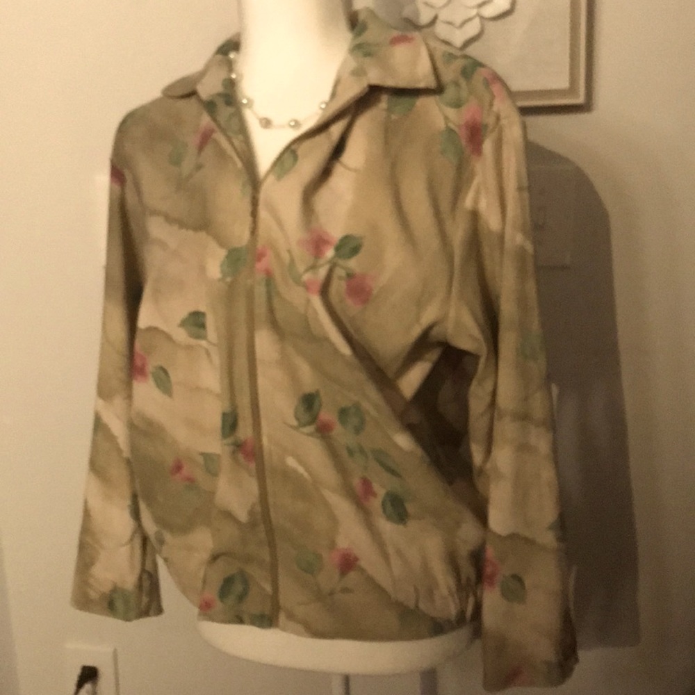 Vintage 80s 90s Teddi Beige Watercolor Abstract Camo Zip Up Pink Roses Jacket